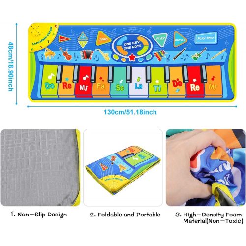  [아마존베스트]Vimpro Kids Musical Mats, Musical Piano Mat 19 Keys Keyboard Play Mat Children Foot Touch Play for Kids Baby Girls Boys Educational Toy - 50.7 X18.9, Blue