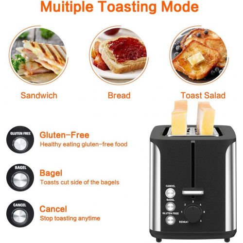  Vimukun Toaster 2 Slice, Extra Wide Slot, Stainless Steel, 7 Browning Shade Settings, Bagel/Cancel/Gluten-Free/Reheat Function, 900 Watt