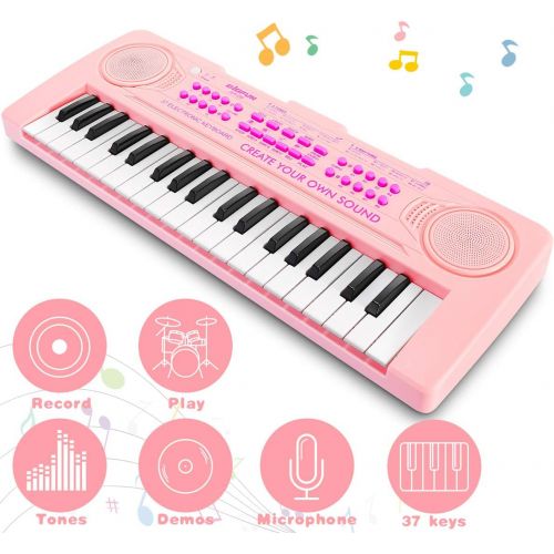  [아마존베스트]Vimzone Kids Piano Keyboard, 37Keys Multi-Function Musical Instrument Piano Toy, Electronic Keyboard for 2 3 4 5 Years Old Toddlers Children Beginner (Pink)