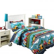 Vintage HNNSI Cotton Kids Quilt Bedspread Set Queen Size Boys 3PCS, Cute Train Comforter Toddler Teens Bedding Sets, Cartoon Pattern Bed Sheet Sets