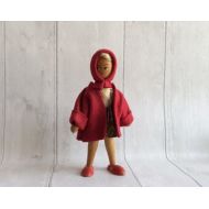 Vintage2vintage Vintage Wooden Doll Red Coat and Hat Poland 1960s Nursery Decoration Home Decor