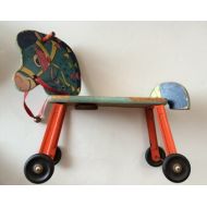 VintageByBeth Toy Horse Riding Toy -Love the Colors & Graphics! - Turquoise Pinks Lemons Limes - Whimsical Riding Horse on Wheels