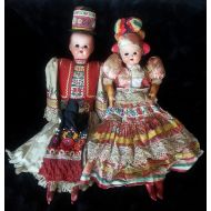 VintageOutLoud Rare Antique Pair of Composition & Cloth Hungarian Dolls From The Mid 1800s. Dressed In Traditional Matyo Folk Attire For A Married Couple.