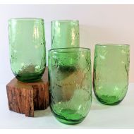 /VintageQuinnGifts Set of 4 Anchor Hocking Sherwood Spearmint Green Flat Juice Tumbler Glasses with Abstract Textured Leaves. 1970s Retro Kitchen.