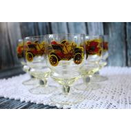 /VintageUSSRera Set of 6 Soviet glasses with car Old Glassware Set Champagne glasses Shot glasses Russian tableware Wine Glasses Russian glass