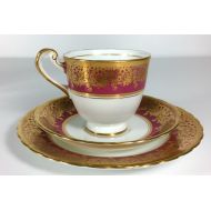 Vintageteacupcompany Vintage china tea cup saucer tea cake plate Cranberry Gold White made in England afternoon high tea party crockery