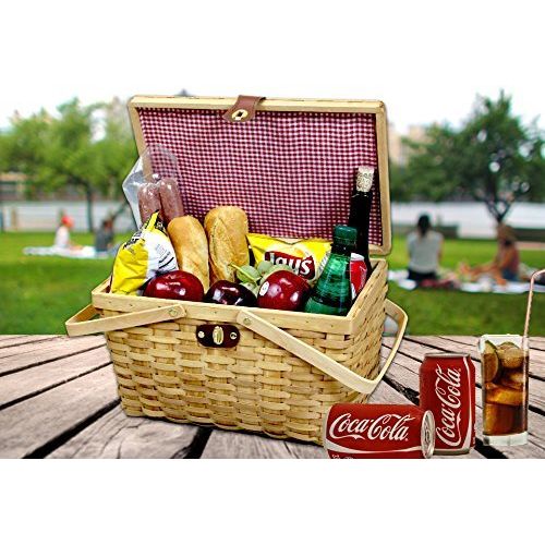  Vintiquewise QI003148N Woodchip Large Picnic Basket Red and White Gingham Lining Folding Handles, 14.5 x 10 x 8.75, Natural