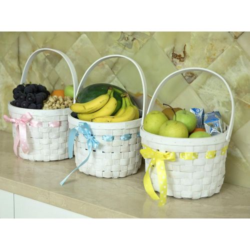  Vintiquewise Set of 3 White Painted Lined Wooden Easter Baskets with Bright Bows