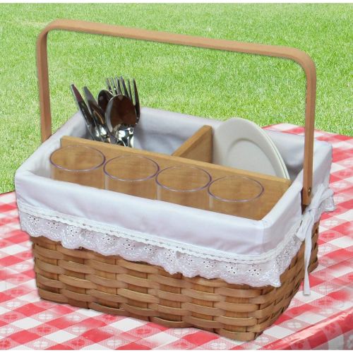  Vintiquewise(TM) Woodchip Picnic Caddy Basket Lined with Lace Trim