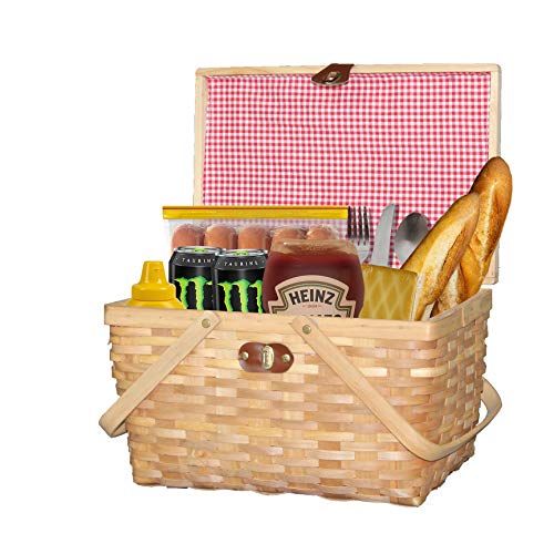  Vintiquewise QI003624 with Lid and Movable Handles Gingham Lined Woodchip Picnic Basket, Natural