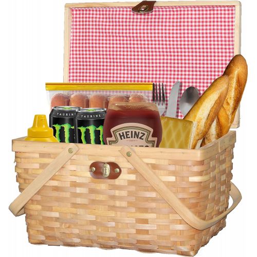  Vintiquewise QI003624 with Lid and Movable Handles Gingham Lined Woodchip Picnic Basket, Natural