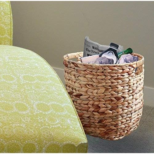  Vintiquewise QI003363.L Water Hyacinth Large Round Wicker Wastebasket with Cutout Handles