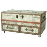 Vintiquewise QI003411L Old World Map Print Coffee End Table and Wine Bar Trunk with Sliding Top and Drawers Brown