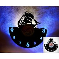 VinylRecordLights Ship record clock, Navy Wall clock, Design room decor, Ships vinyl record clock, Blue and White LED lights, LED lighting clock