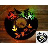 VinylRecordLights Songbird Wall clock, Bird, Wall clock, Unique clock, Birds vinyl clock, Yellow Red Blue Violet Green LED lights, vinyl record art, wall led