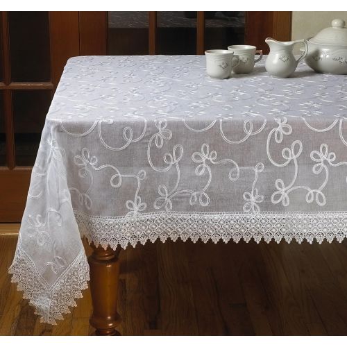  Violet Linen Elegant Embroidered Lace Sheer Swiss Design Tablecloths, 70 x 105, White