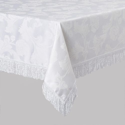  Violet Linen Classic Damask Design Fringes Oblong/Rectangle Tablecloth, 60 x 140, White