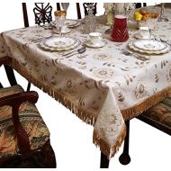 Violet Linen Legacy Floral Damask Design Fringes Tablecloth, 90, White