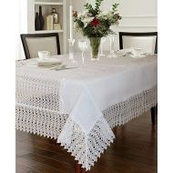 Violet Linen Lisbon Modern Embroidered Runner Design, Macrame Lace Border Seats 12 to 14 Pepole, Rectangle, Tablecloth 70 X 144 White