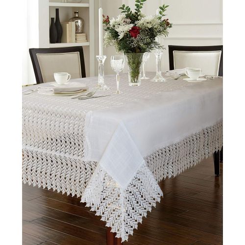  Violet Linen Lisbon Modern Embroidered Runner Design, Macrame Lace Border Seats 12 to 14 Pepole, Rectangle, Tablecloth 70 X 144 White