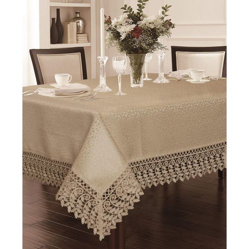  Violet Linen Legacy Cobblestone Design, Macrame Lace Border Tablecloth 70 X 132 Beige