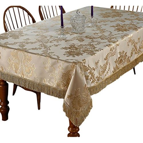  Violet Linen Majestic Damask Design Tablecloth, 60 x 140, Beige