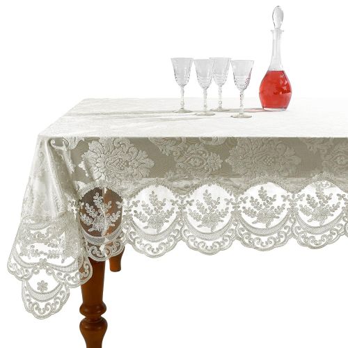  Violet Linen Fountainbleau Embroidered Lace Tablecloth, Floral Velvet Design - Ivory - 70 x 120