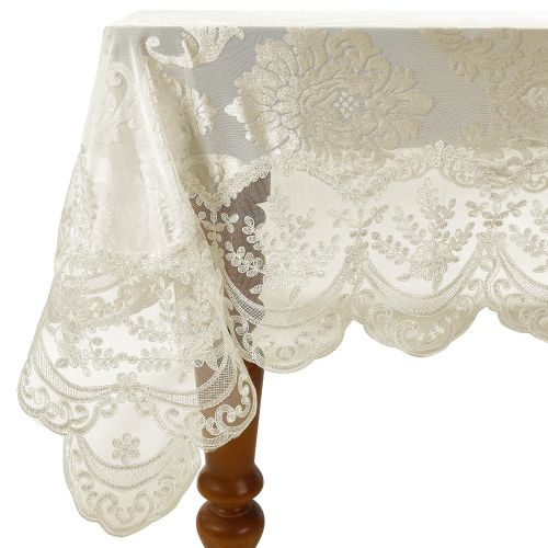  Violet Linen Fountainbleau Embroidered Lace Tablecloth, Floral Velvet Design - Ivory - 70 x 120