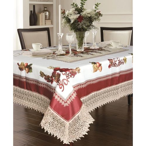  Violet Linen Decorative Printed Fruttela Tablecloth With Lace Trimming, Burgundy, 70 x 120