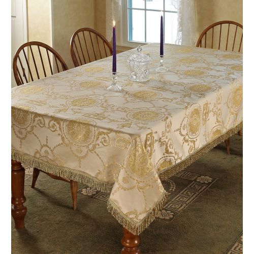  Violet Linen Prestige Damask Design Oblong/Rectangle Tablecloth, 60 X 162, Beige