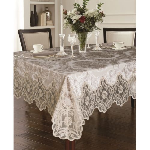  Violet Linen Elegant Velvet Lace Sheer Floral Deluxe Design Tablecloths, 70 x 120, Taupe