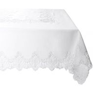 Violet Linen Imperial Embroidered Vintage Lace Design Oblong/Rectangle Tablecloth, 70 x 180, White