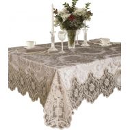 Violet Linen Elegant Velvet Lace Sheer Floral Deluxe Design Tablecloths, 70 x 144, White