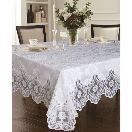  Violet Linen Elegant Velvet Lace Sheer Floral Deluxe Design Tablecloths, 70 x 144, White