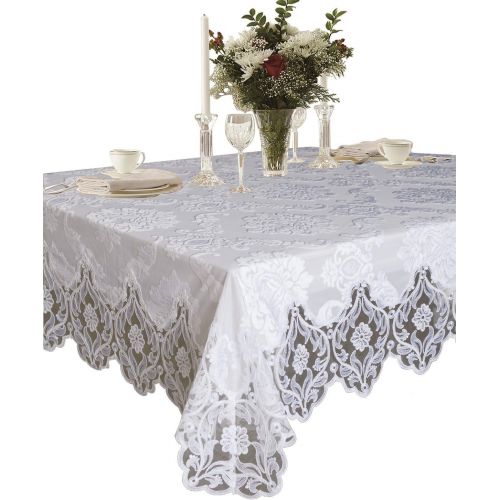  Violet Linen Elegant Velvet Lace Sheer Floral Deluxe Design Tablecloths, 70 x 144, White