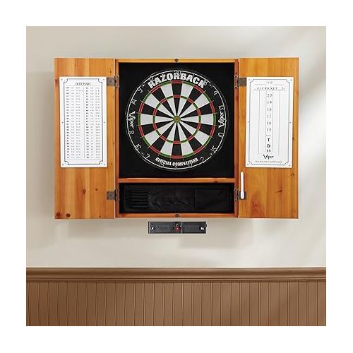  Viper Metropolitan Solid Wood Cabinet & Sisal/Bristle Dartboard Ready-to-Play Bundle: Elite Set (Razorback Dartboard, Darts and Laser Throw Line), Oak Finish