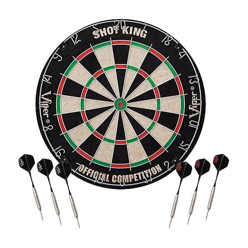  Viper Vault Cabinet & Shot King Sisal/Bristle Dartboard Ready-to-Play Bundle with Two Sets of Steel-Tip Darts, Throw Line, and Dry Erase Scoreboards, Walnut Finish