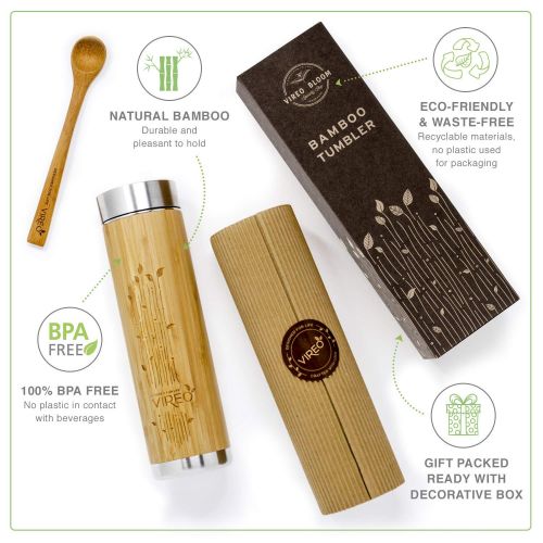  Vireo Bloom Teeflasche aus Rostfreiem Edelstahl Teebereiter Tee-Ei: Bambus Thermobecher | Tee & Kaffee Reisbecher | Thermoflasche | Obst-Infuser Trinkflasche Umweltfreundlicher (48