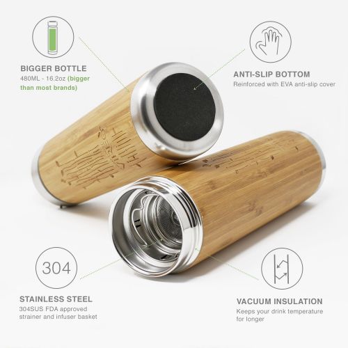  Vireo Bloom Teeflasche aus Rostfreiem Edelstahl Teebereiter Tee-Ei: Bambus Thermobecher | Tee & Kaffee Reisbecher | Thermoflasche | Obst-Infuser Trinkflasche Umweltfreundlicher (48