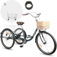 Viribus 24 or 26 Adult Tricycle with Removable Wheeled Basket, Single Speed Cargo Cruiser Trike Bike with Front Basket and Dustproof Bag, Three Wheel Bike for Shopping, Mens or Wom