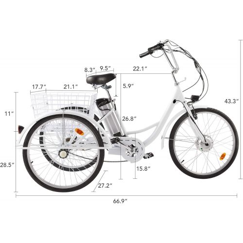  Viribus 3 Wheel Electric Bike for Adults with 250w Motor, Bike Tube, Removable 36V 10Ah Lithium Battery, Adult Tricycle with Adjustable Cruiser Bike Seat and Bike Basket, Exercise