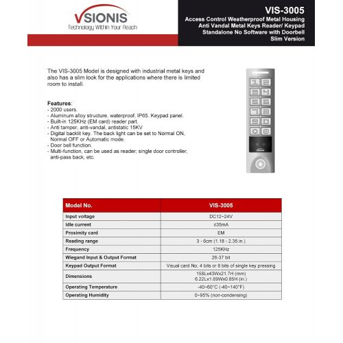  Visionis FPC-5644 One Door Access Control Outswinging Door 1200lbs Maglock with VIS-3005 Outdoor Weather Proof Slim Metal Touch Keypad Reader Standalone No Software EM Card Compat