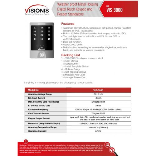  Visionis FPC-5145 One Door Access Control Outswinging Door 300lbs Maglock with VIS-3000 Outdoor Weatherproof KeypadReader Standalone no software 2000 Users Wireless Receiver Kit