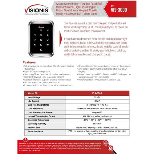  Visionis FPC-5289 One door Access Control Inswinging Door 300lbs Maglock with VIS-3000 Outdoor Weather Proof KeypadReader Standalone no software 2000 User Wireless Receiver Kit