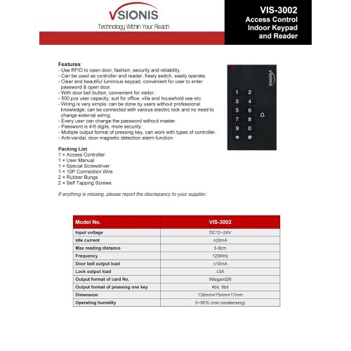  Visionis FPC-5329 One door Access Control Inswinging Door 600lbs Maglock with VIS-3002 Indoor use only Keypad  Reader Standalone no software EM Card Compatible 500 users With PIR