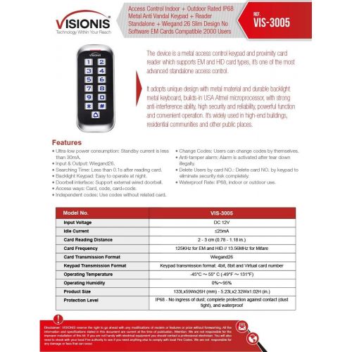  Visionis FPC-5654 One Door Access Control Outswinging Door 600lbs Maglock with VIS-3005 Outdoor Weatherproof Metal Touch Slim KeypadReader Standalone No Software with Wireless Rec