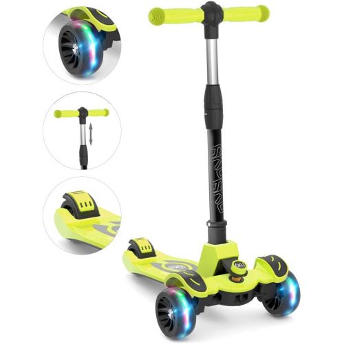  6KU Kids Kick Scooter with Adjustable Height, Lean to Steer, Flashing Wheels for Children 3-8 Years Old