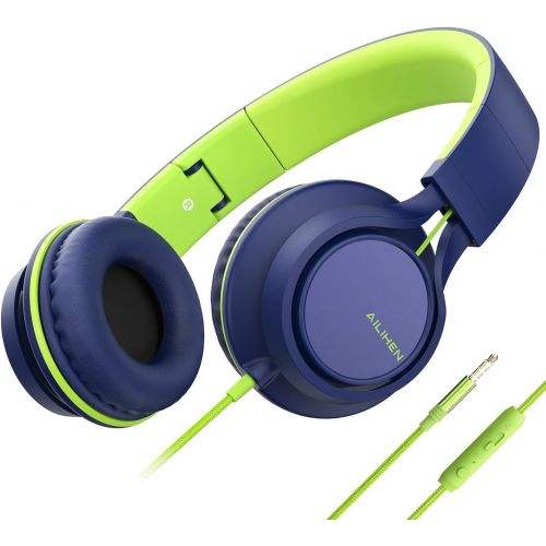  [아마존베스트]AILIHEN C8 (Upgraded) Headphones with Microphone and Volume Control Folding Lightweight Headset for Cellphones Tablets Smartphones Laptop Computer PC Mp3/4 (Blue Green)