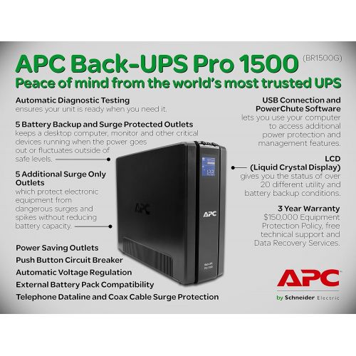  APC Back-UPS Pro 1500VA UPS Battery Backup & Surge Protector (BR1500G)