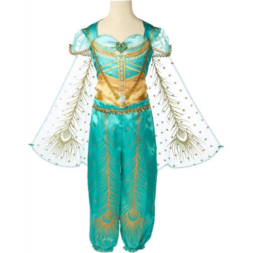  Visit the Aladdin Store Aladdin Disney Jasmine Costume Teal & Gold Peacock Outfit, 2Piece Pants Costume